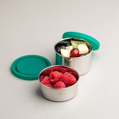 RVS lekvrije snackbox en fruitbakje beide met siliconen deksel