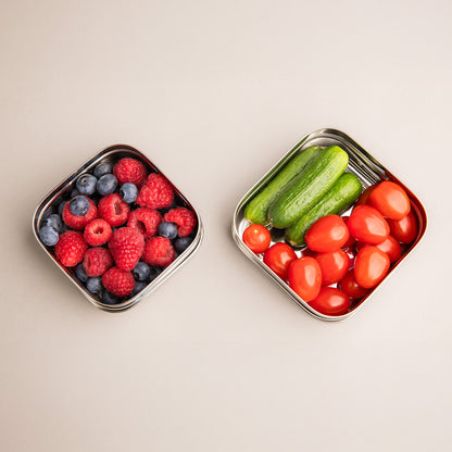 twee rvs snackboxjes gevuld met fruit en groenten