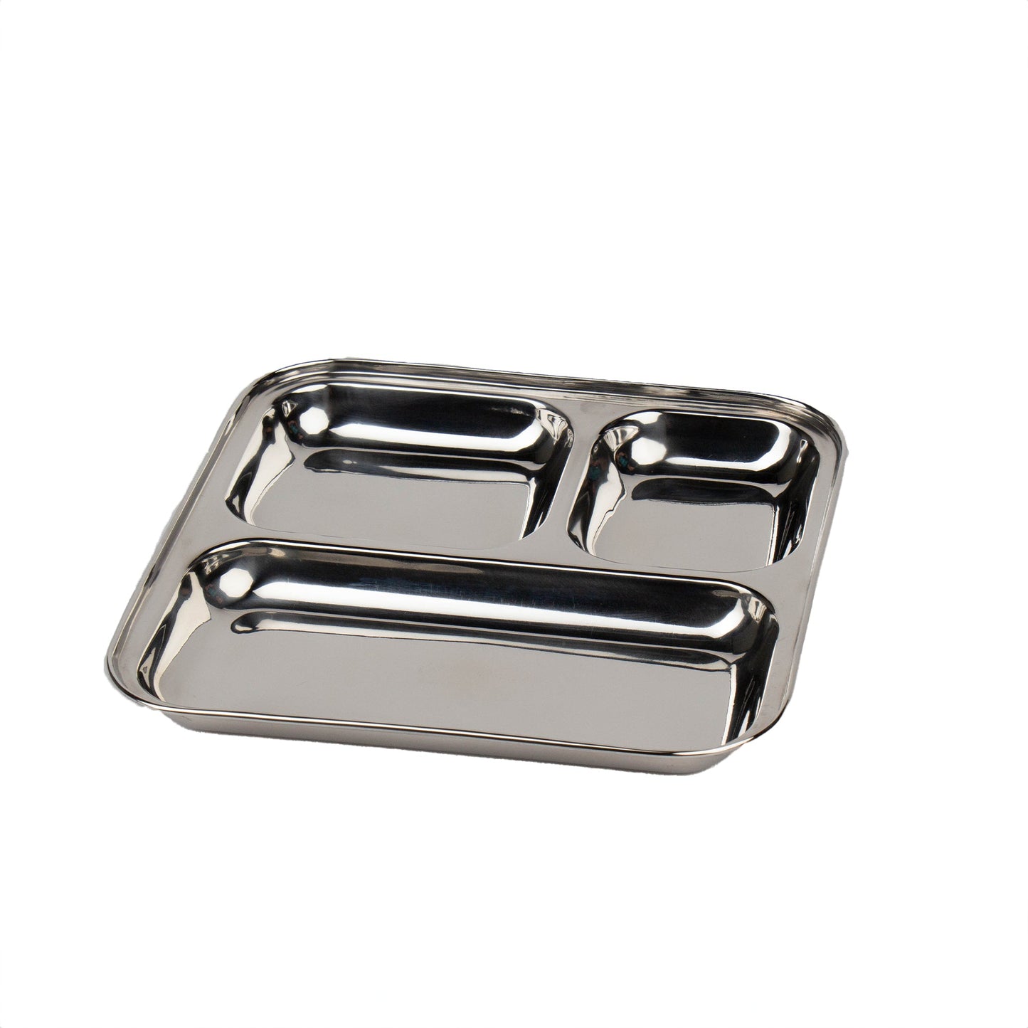 vierkant rvs bord met vakken voor kinderen op witte achtergrond