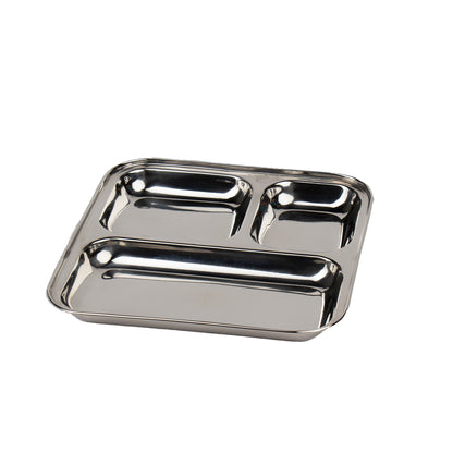 vierkant rvs bord met vakken voor kinderen op witte achtergrond