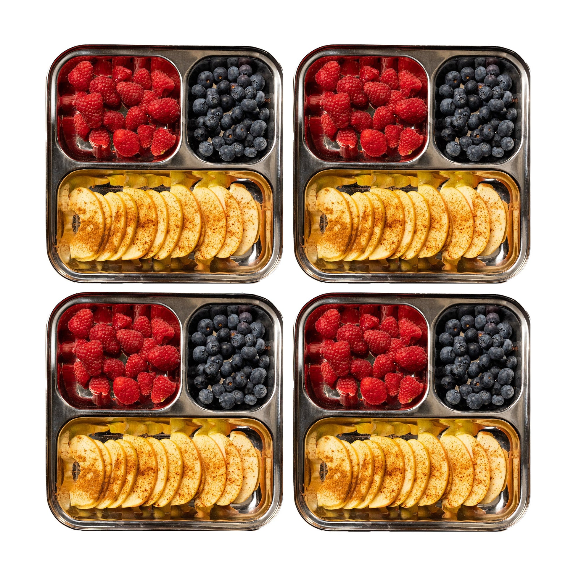 4 RVS kinder borden met vakken vierkant gevuld met fruit