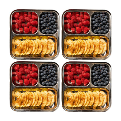 4 RVS kinder borden met vakken vierkant gevuld met fruit